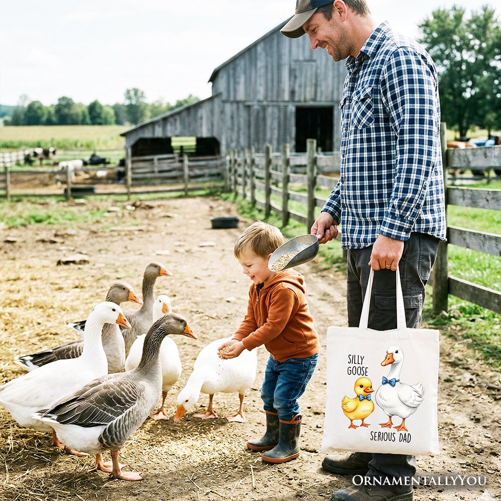 Silly Goose Serious Dad Tie Tote Bag, Cute Duo Fathers Gift Shopper