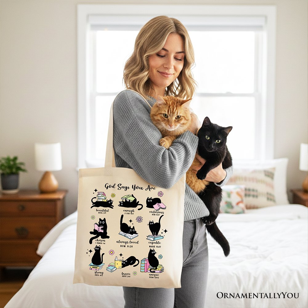 Book Cat God Says I Am Tote Bag, Christian Bible Verse Faith Gift Shopper
