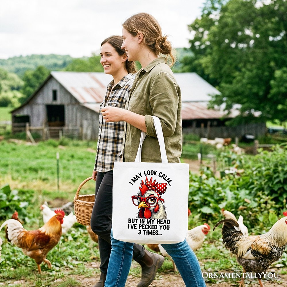 Pecking Chicken Tote Bag, Red Glasses and Bow White Gift Shopper for Sassy Women