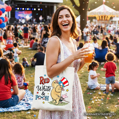 Red White & Proud Winnie-the-Pooh Tote Bag, 1926 A.A. Milne Patriotic 4th of July Gift Shopper