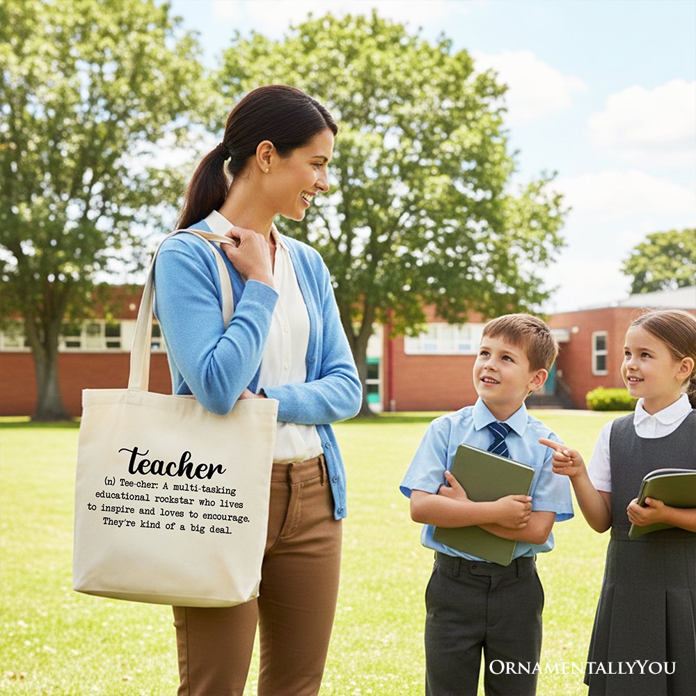 Teacher Definition Canvas Tote Bag, Inspirational Quote Gift Shopper for Educators