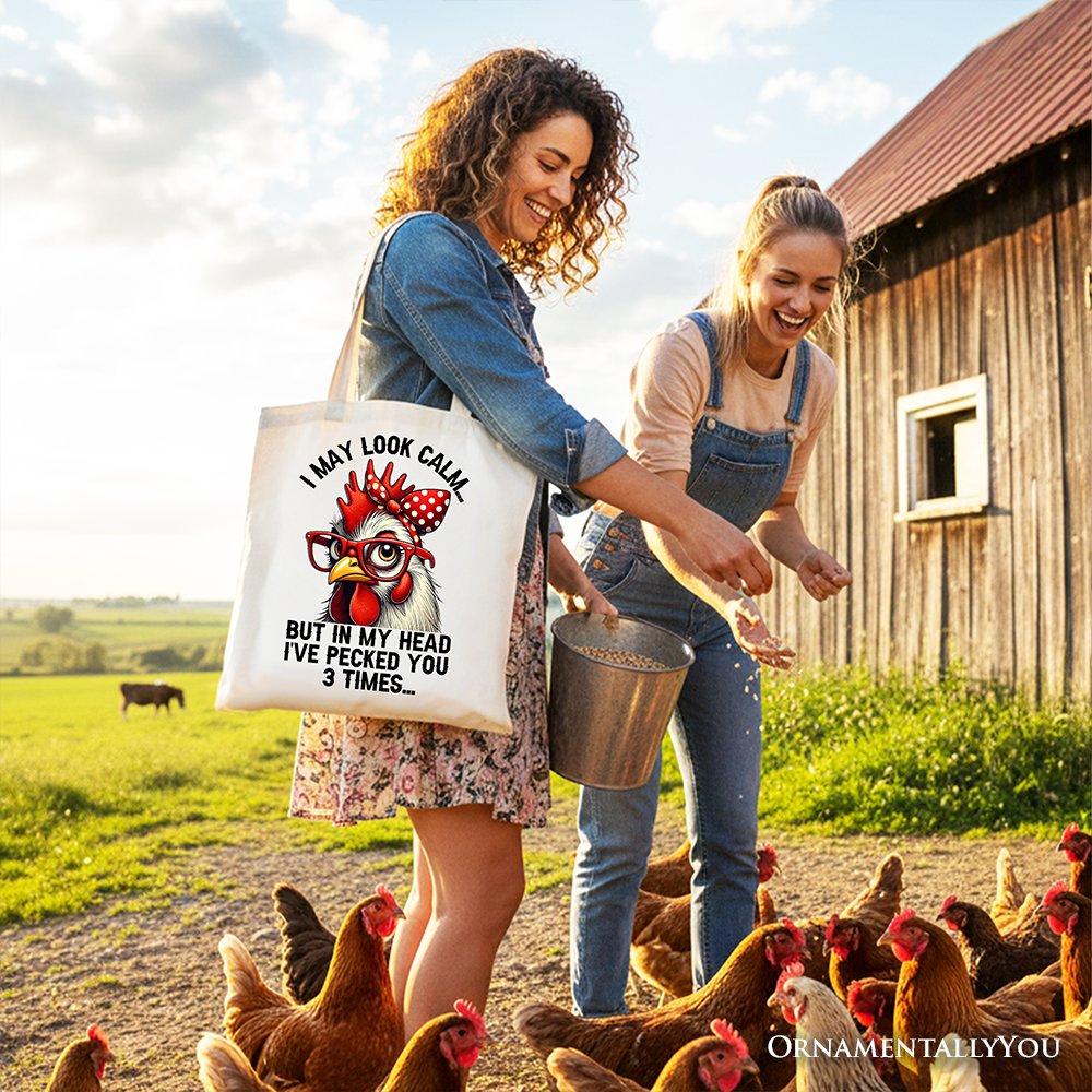 Pecking Chicken Tote Bag, Red Glasses and Bow White Gift Shopper for Sassy Women