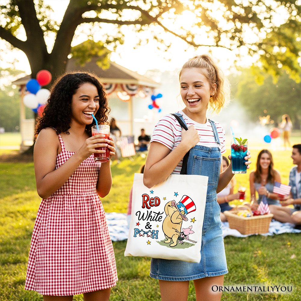 Red White & Proud Winnie-the-Pooh Tote Bag, 1926 A.A. Milne Patriotic 4th of July Gift Shopper