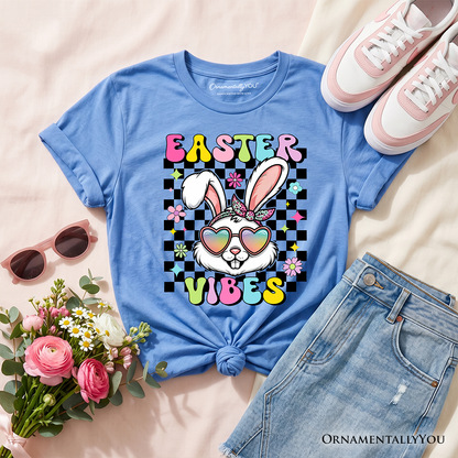 Kids Retro Easter Bunny Sunglasses T-Shirt, Groovy Youth Checkered Tee