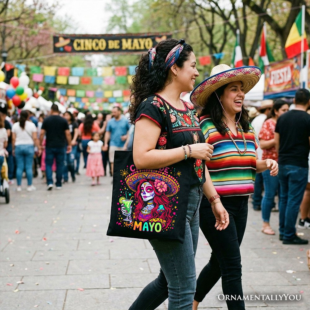 Sugar Skull Girl Cinco De Mayo Tote Bag, Mexican Margarita Sombrero Gift Shopper