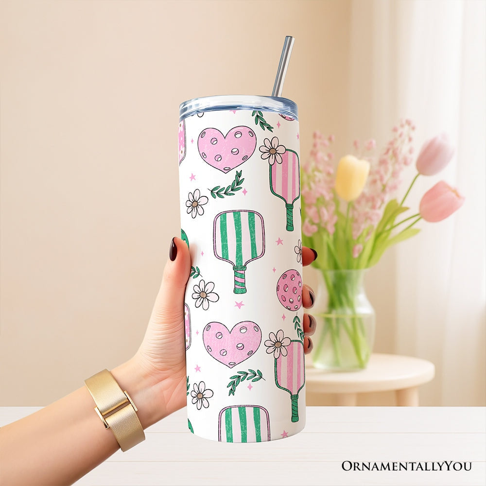 Sporty Coquette Pink Retro Pickleball 20oz Personalized Tumbler With Lid and Stainless Steel Straw, Valentine Travel Mug Gift