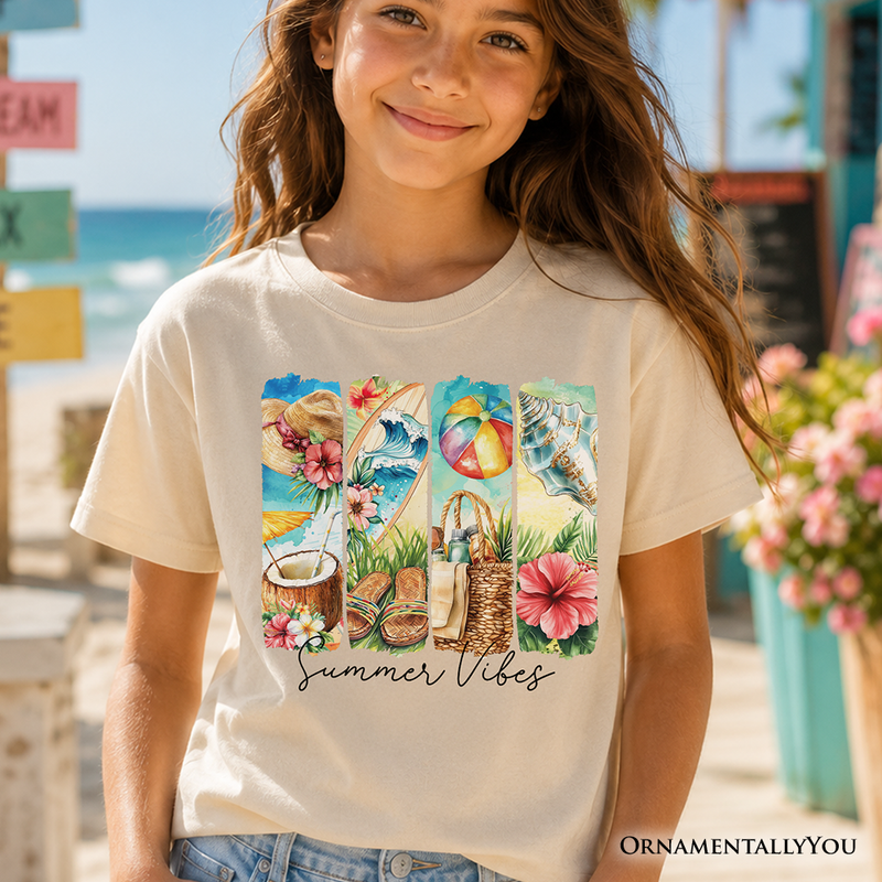 Kids Summer Vibes T-Shirt, Beach Tee with Coconut and Flowers for Youth