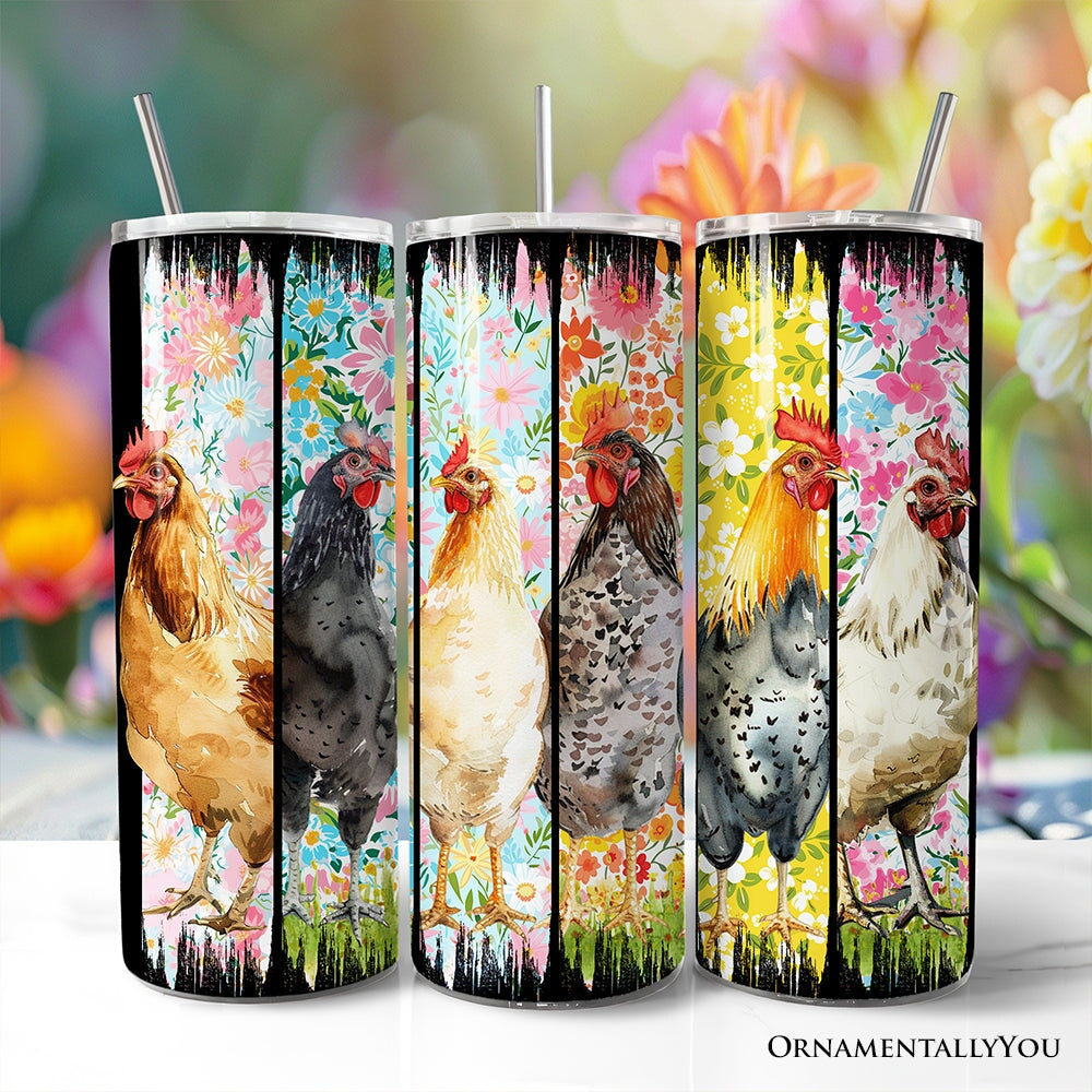 Brushstrokes Chicken Farm 20oz Personalized Tumbler With Lid and Stainless Steel Straw, Colorful Floral Farmlife Gift Cup