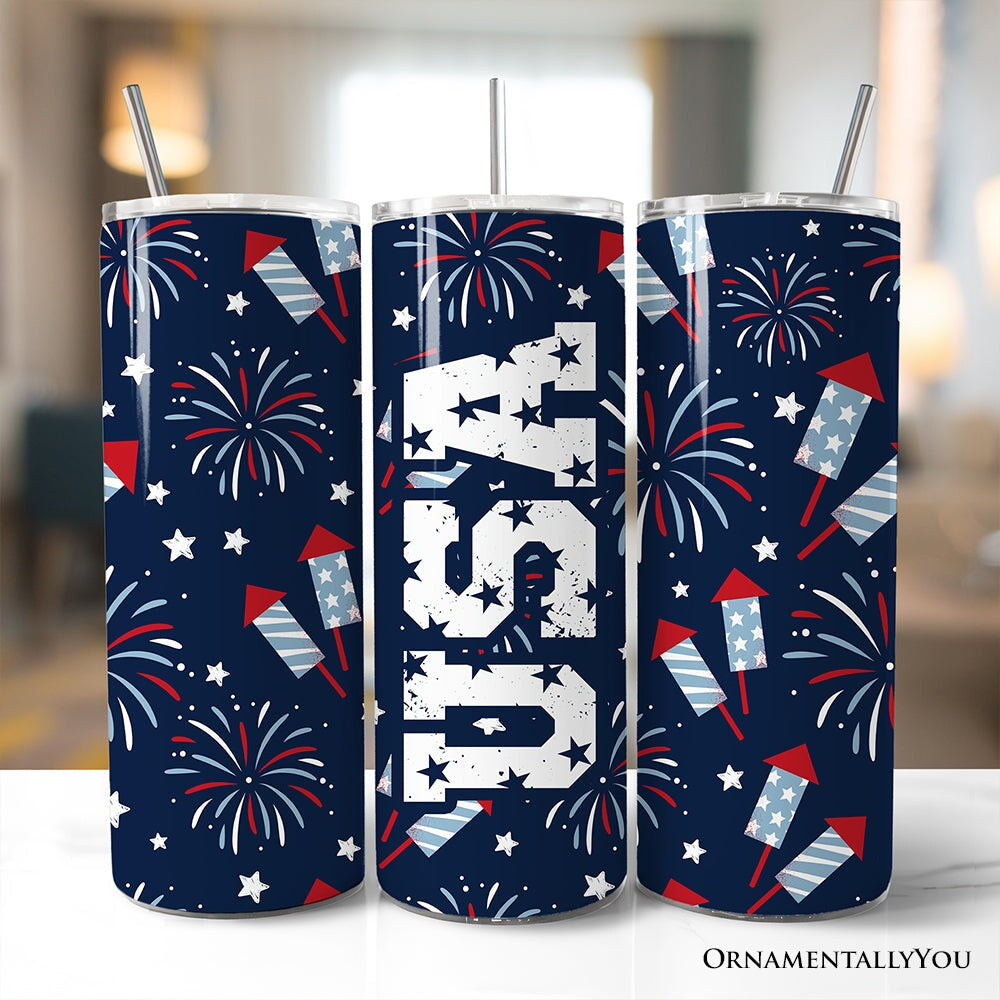 Fireworks USA Block Letters 20oz Personalized Tumbler With Lid and Stainless Steel Straw, Vintage July 4th Patriotic Gift Cup