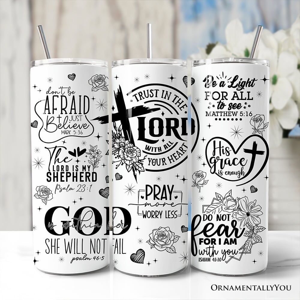Floral Cross Bible Verses 20oz Personalized Tumbler With Lid and Stainless Steel Straw, Vintage Christian Affirmation Gift Cup