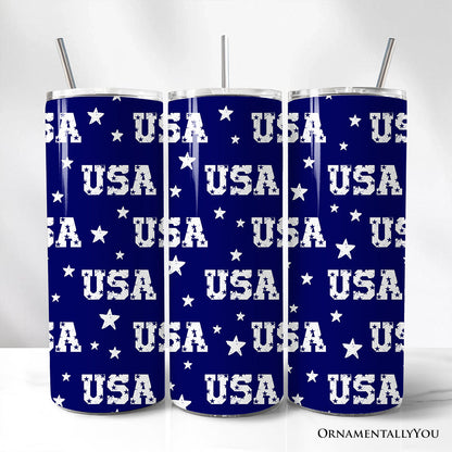 Navy USA Block Letters Pattern 20oz Personalized Tumbler With Lid and Stainless Steel Straw, Vintage Independence Day Patriotic Gift Cup