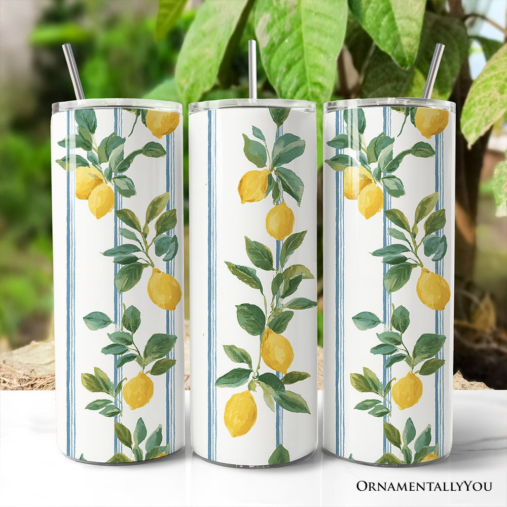 Refreshing Lemon Branches 20oz Personalized Tumbler With Lid and Stainless Steel Straw, Summer Citrus Pattern Gift Cup