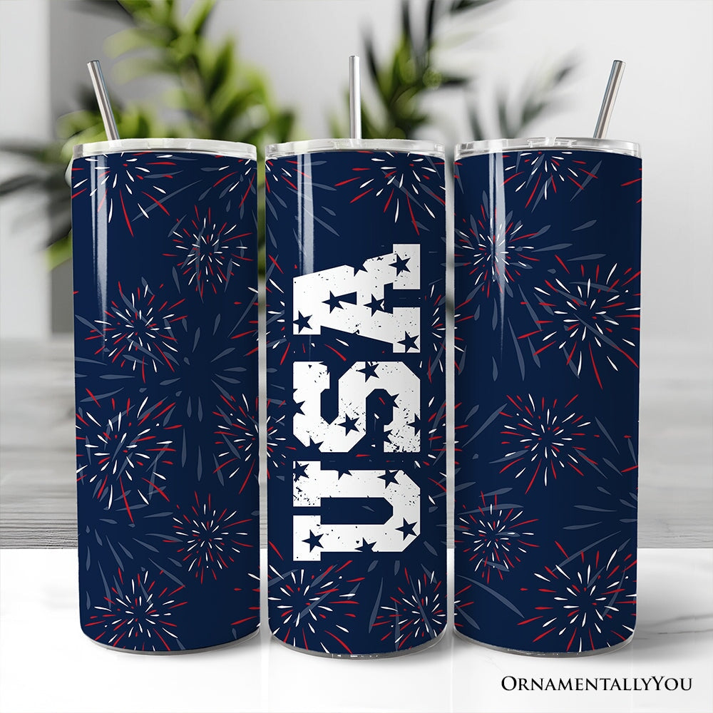 Vintage USA Block Letters 20oz Personalized Tumbler With Lid and Stainless Steel Straw, Patriotic Fireworks for Independence Day Gift Cup