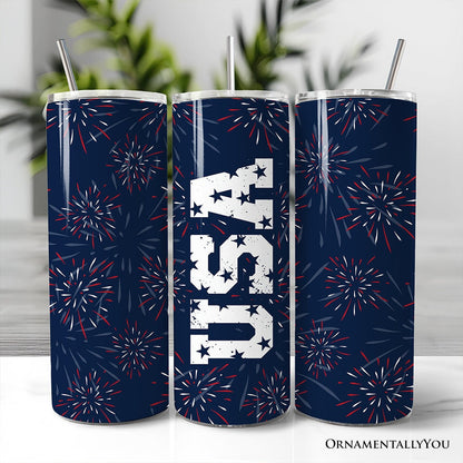Vintage USA Block Letters 20oz Personalized Tumbler With Lid and Stainless Steel Straw, Patriotic Fireworks for Independence Day Gift Cup