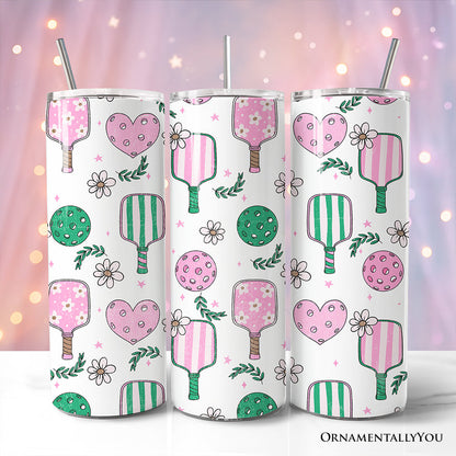 Sporty Coquette Pink Retro Pickleball 20oz Personalized Tumbler With Lid and Stainless Steel Straw, Valentine Travel Mug Gift