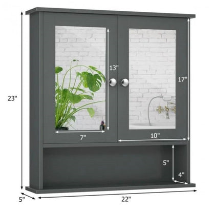 Grey Wood Bathroom Wall / Medicine Cabinet with Mirrored Doors and Shelf