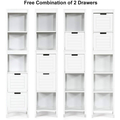 Bathroom Cabinet Tower with 2 Storage Drawers and 3 Shelves in White Wood Finish