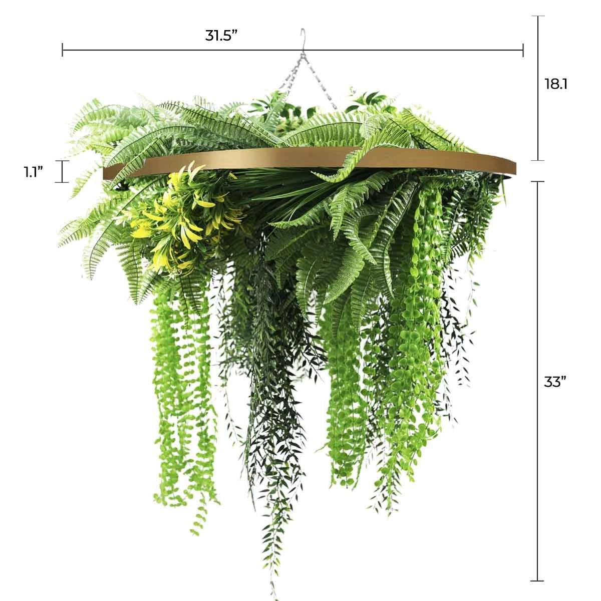Artificial Hanging Plant Chandelier – Draping Fern Circular Ring (33in long) Gold Frame – UV Resistant