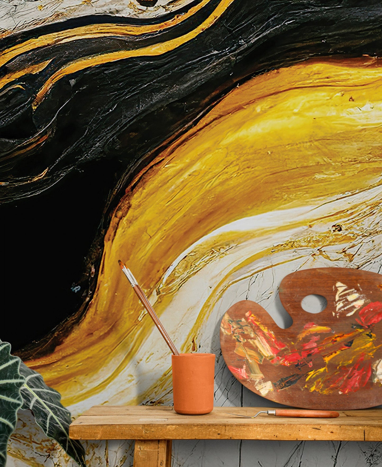 Luxurious Marble Wallpaper. Gold and Black Marble Slate Wall Mural. #6735