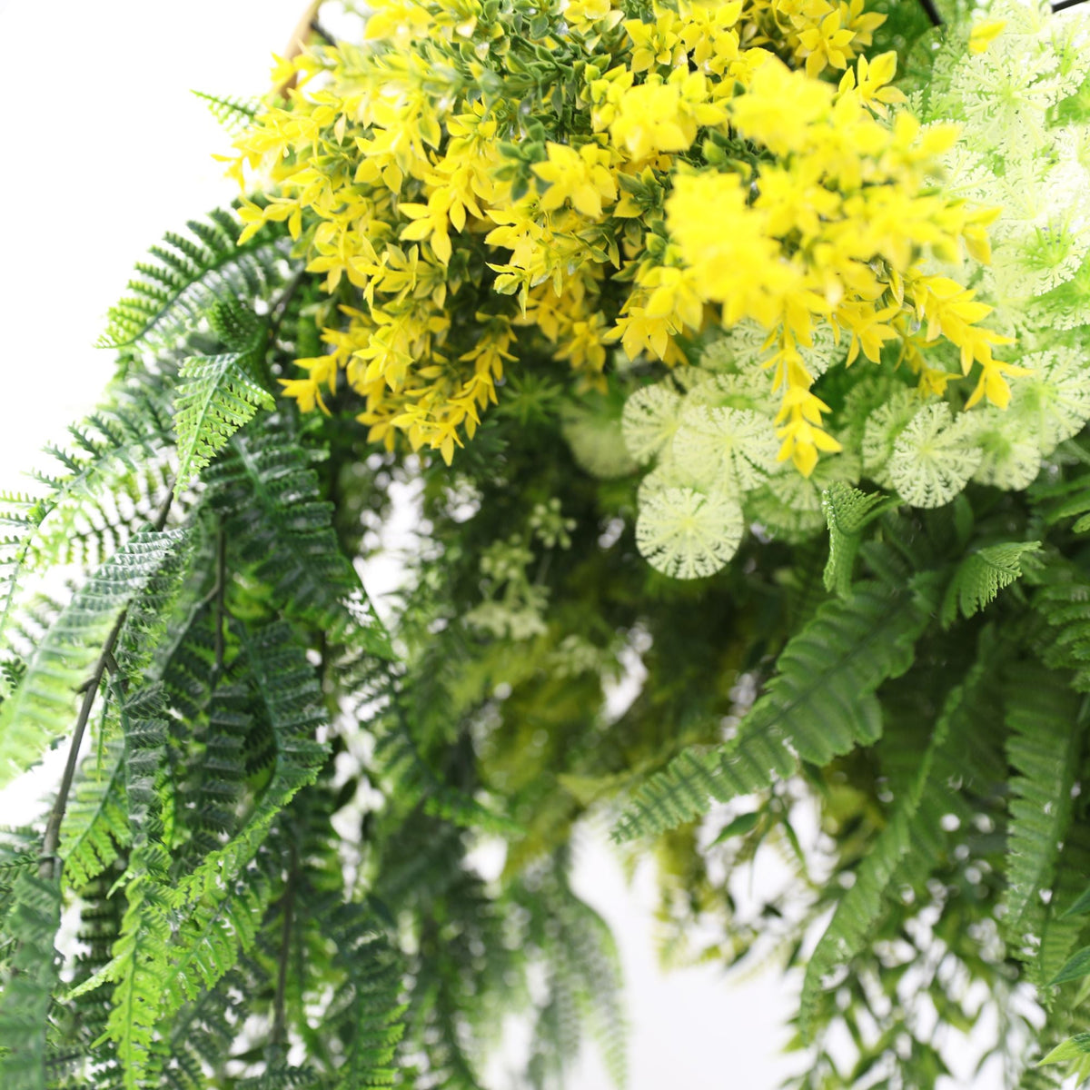 Artificial Hanging Plant Chandelier – Bright Tropical Foliage Circular Ring (25.6in long) Gold Frame – UV Resistant