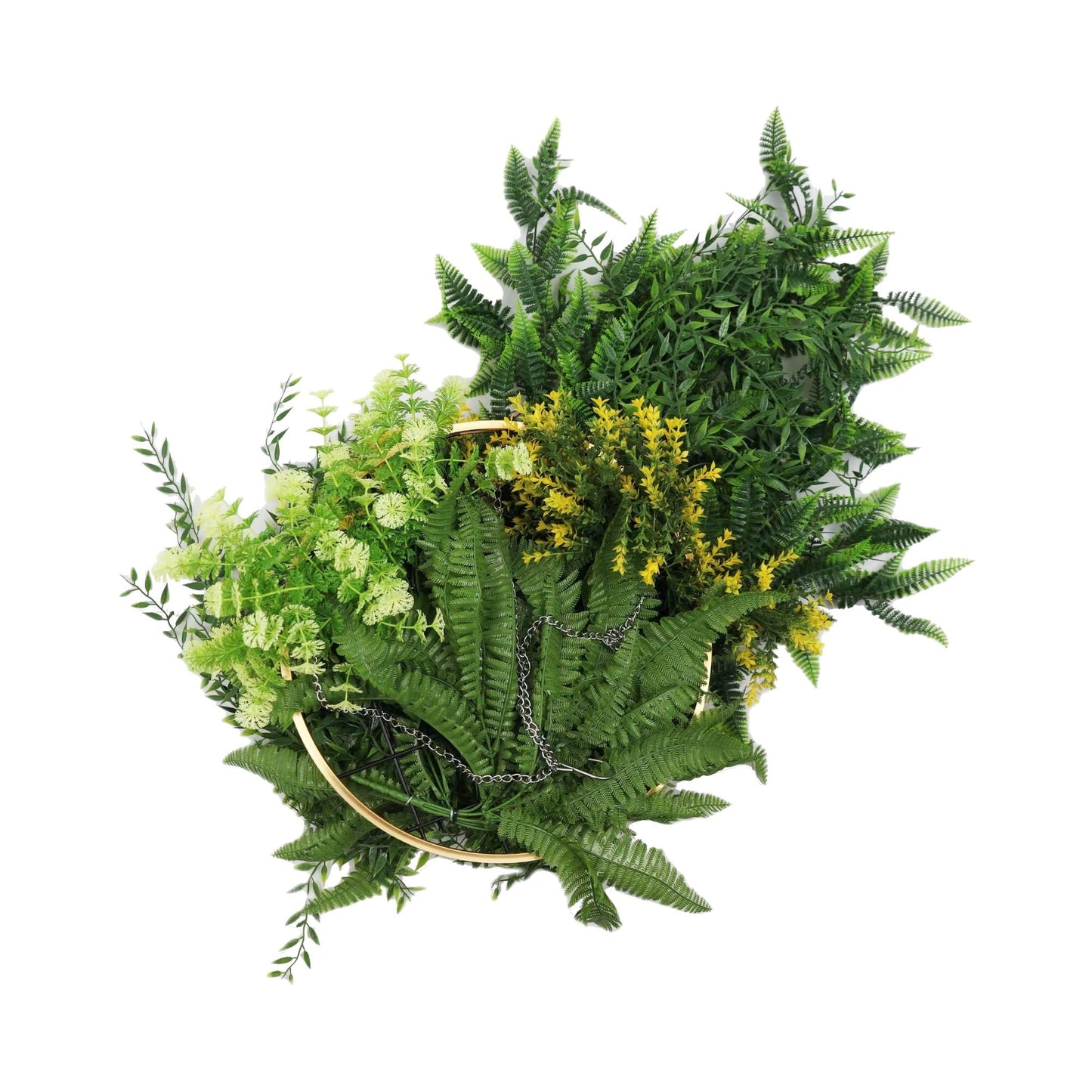 Artificial Hanging Plant Chandelier – Draping Fern Circular Ring (33in long) Gold Frame – UV Resistant