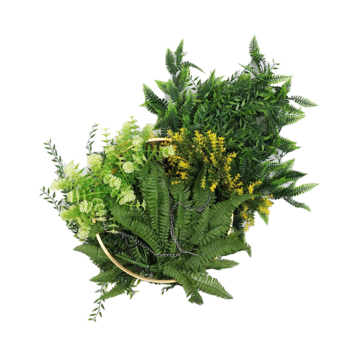 Artificial Hanging Plant Chandelier – Bright Tropical Foliage Circular Ring (25.6in long) Gold Frame – UV Resistant