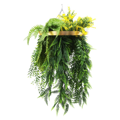 Artificial Hanging Plant Chandelier – Bright Tropical Foliage Circular Ring (25.6in long) Gold Frame – UV Resistant