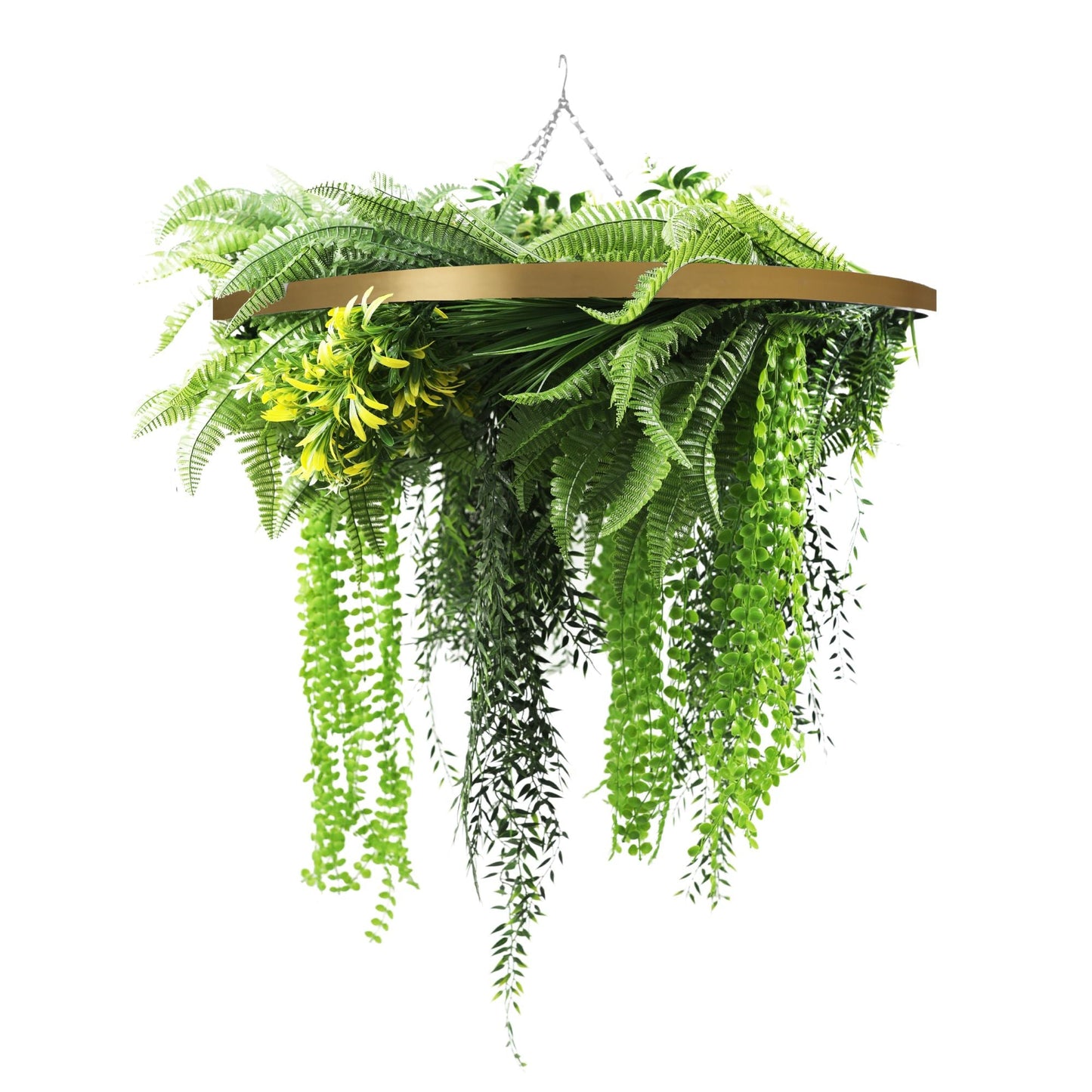 Artificial Hanging Plant Chandelier – Draping Fern Circular Ring (33in long) Gold Frame – UV Resistant