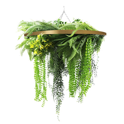 Artificial Hanging Plant Chandelier – Draping Fern Circular Ring (33in long) Gold Frame – UV Resistant