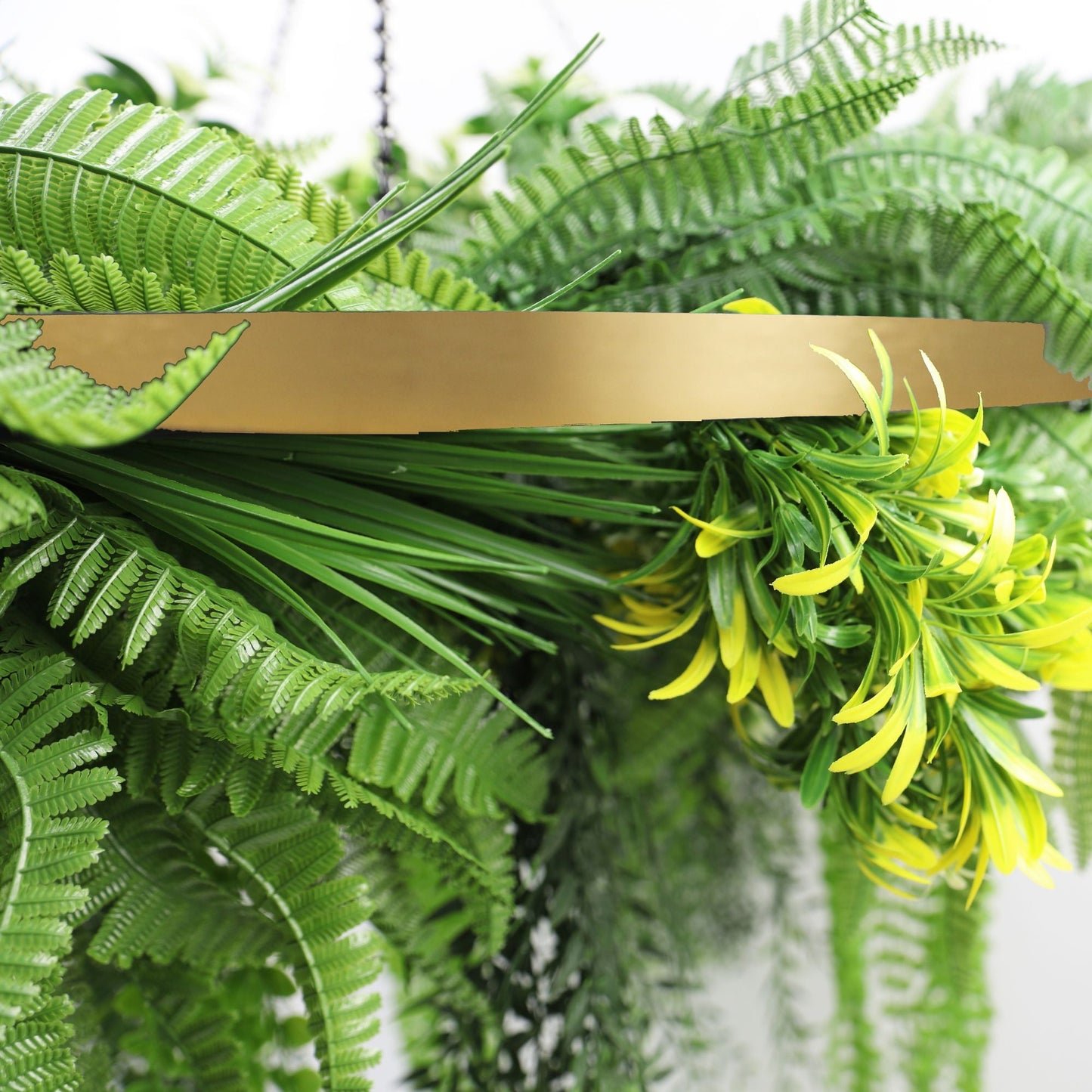 Artificial Hanging Plant Chandelier – Draping Fern Circular Ring (33in long) Gold Frame – UV Resistant
