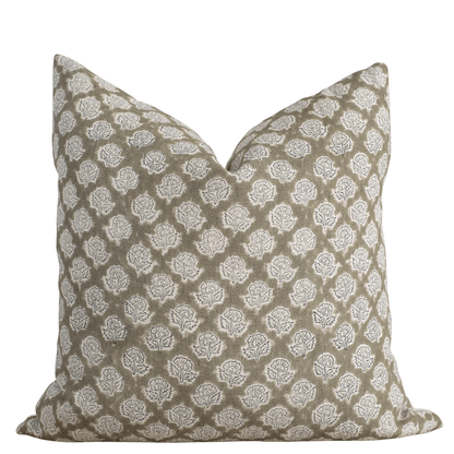 Fiora Floral Block Printed Pillow Cover | Olive Green