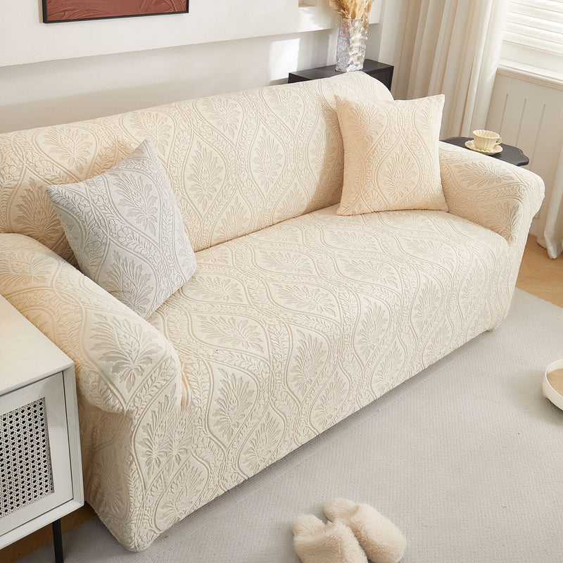 3D Baroque Floral Stretch Sofa Cover Elastic Polar Fleece Couch Slipcover with Straps