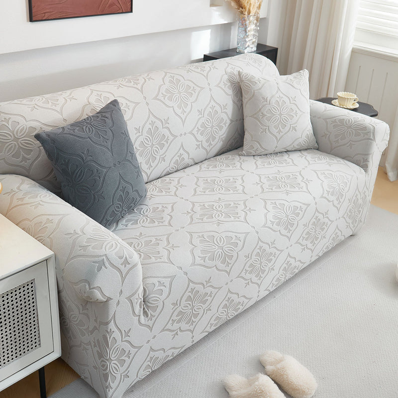 3D Damask Jacquard Stretch Sofa Cover Thick Polar Fleece Couch Slipcover with Straps
