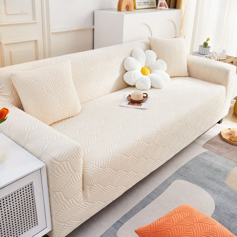 3D Leaves Jacquard Couch Slipcovers Non-Slip Cozy Stretchy Couch Covers for Sectional