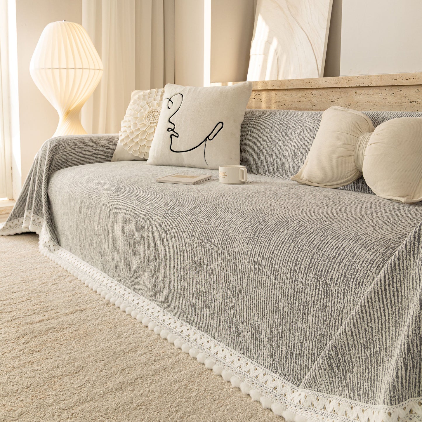 Sofa Cover Throw with Lace Trim & Pom-Pom Fringe, Decorative Couch Cover Blanket