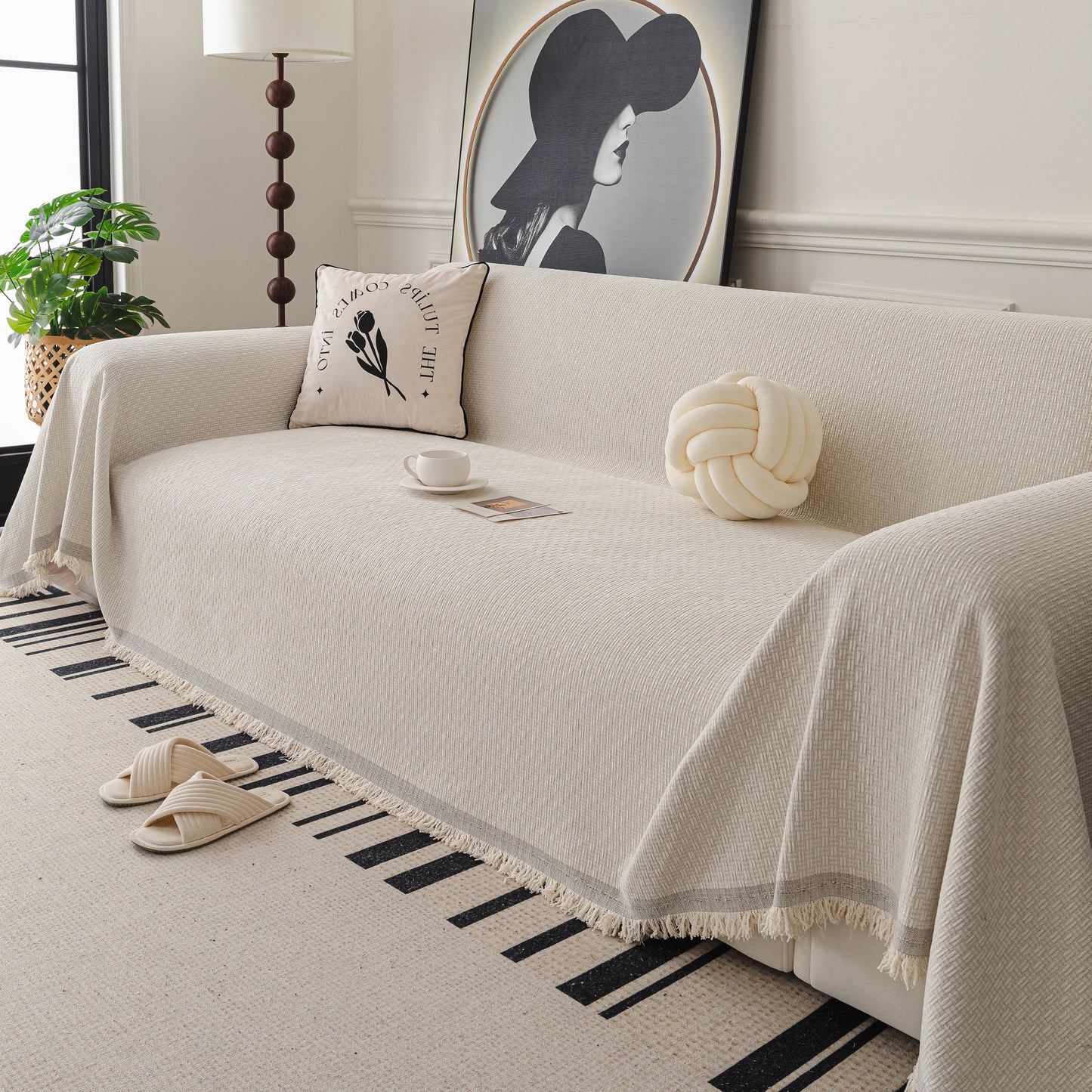Textured Woven Modern Sofa Cover, Natural Blend Decorative Couch Throw Blanket