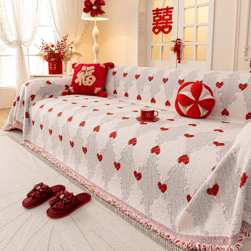 Chinese New Year Sofa Throw Cover Blanket, Decor Festive Red Fu Pattern Couch Cover