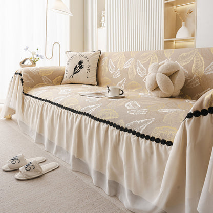 Leaf Jacquard Sofa Cover with Ruffle Skirt – Non-Slip Couch Protector with Sheer Hem