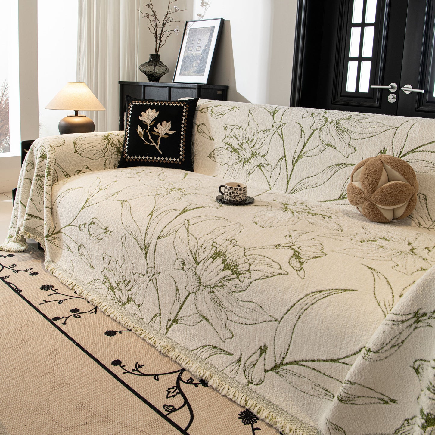 Large Floral Sofa Cover Throw Blanket, Plush Jacquard Non-Shedding Couch Cover for Pets