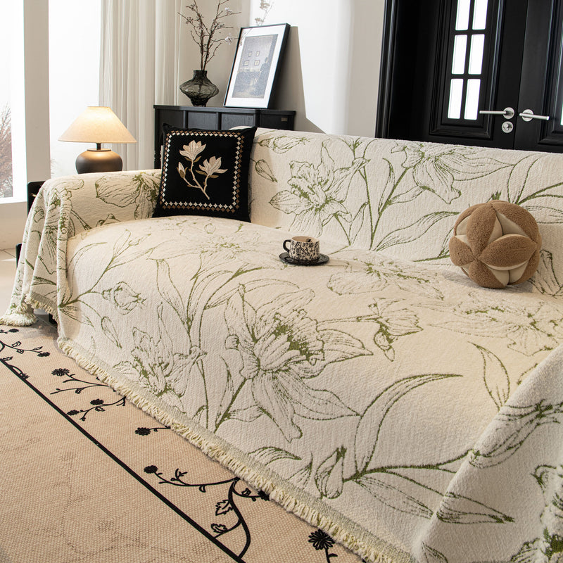 Large Floral Sofa Cover Throw Blanket, Plush Jacquard Non-Shedding Couch Cover for Pets