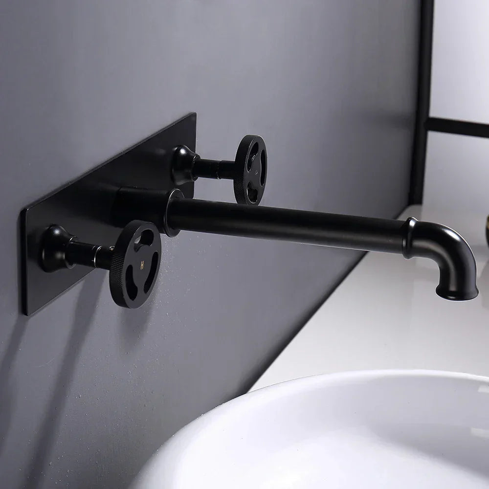 DecorBites™ Industrial Style Wall Mounted Black Basin Faucet with Dual Handles