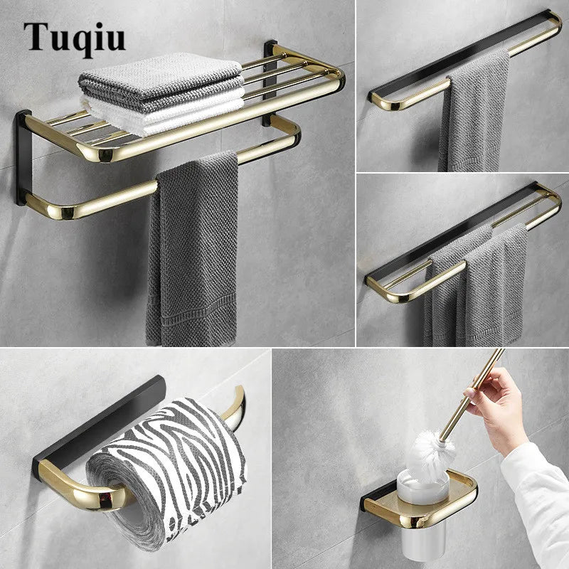 ™ Gold & Black Bathroom Hardware Set: Shelf, Towel Rack, Paper Holder, Brush Holder