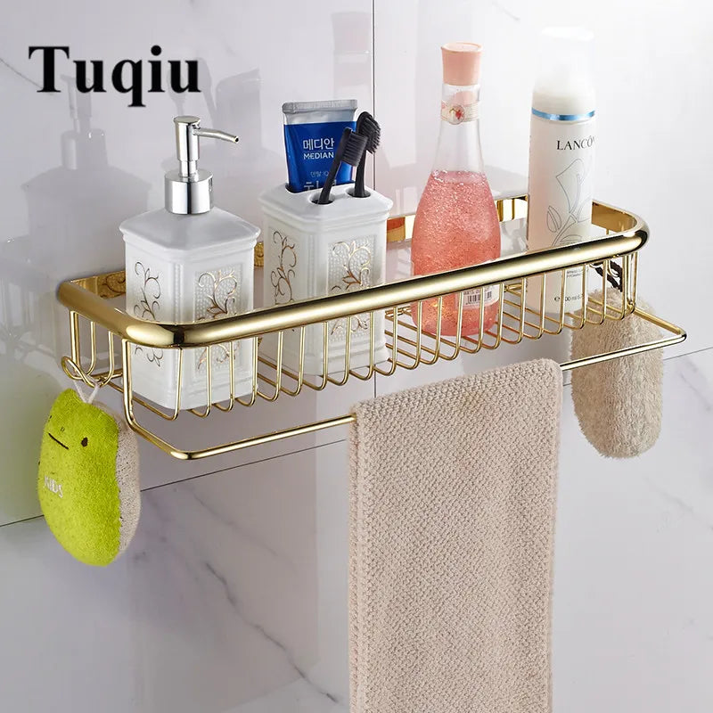 ™ Gold Brass Bathroom Shelf with Towel Hanger, Shampoo Holder, and Basket