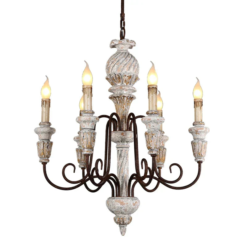 DecorBites™ Antique White Wooden Chandelier Elegant French Rustic Lighting
