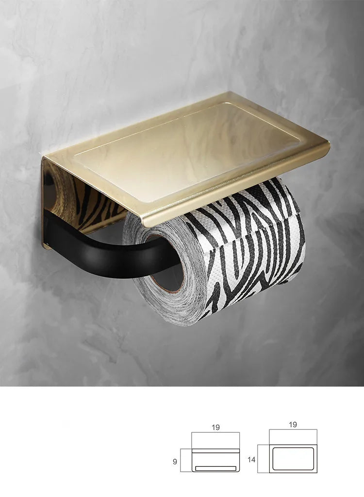 ™ Gold & Black Bathroom Hardware Set: Shelf, Towel Rack, Paper Holder, Brush Holder