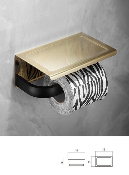 ™ Gold & Black Bathroom Hardware Set: Shelf, Towel Rack, Paper Holder, Brush Holder