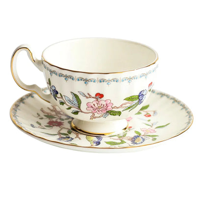 DecorBites™ Bone China Tea Cup Set, Flowers Teacup & Snack Dish for Office Drinkware