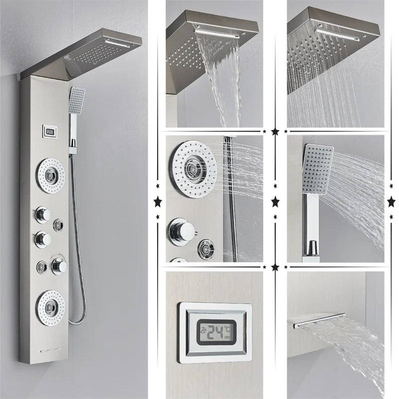 DecorBites™ Black Rainfall Shower Panel Set with Massage System and Temperature Screen
