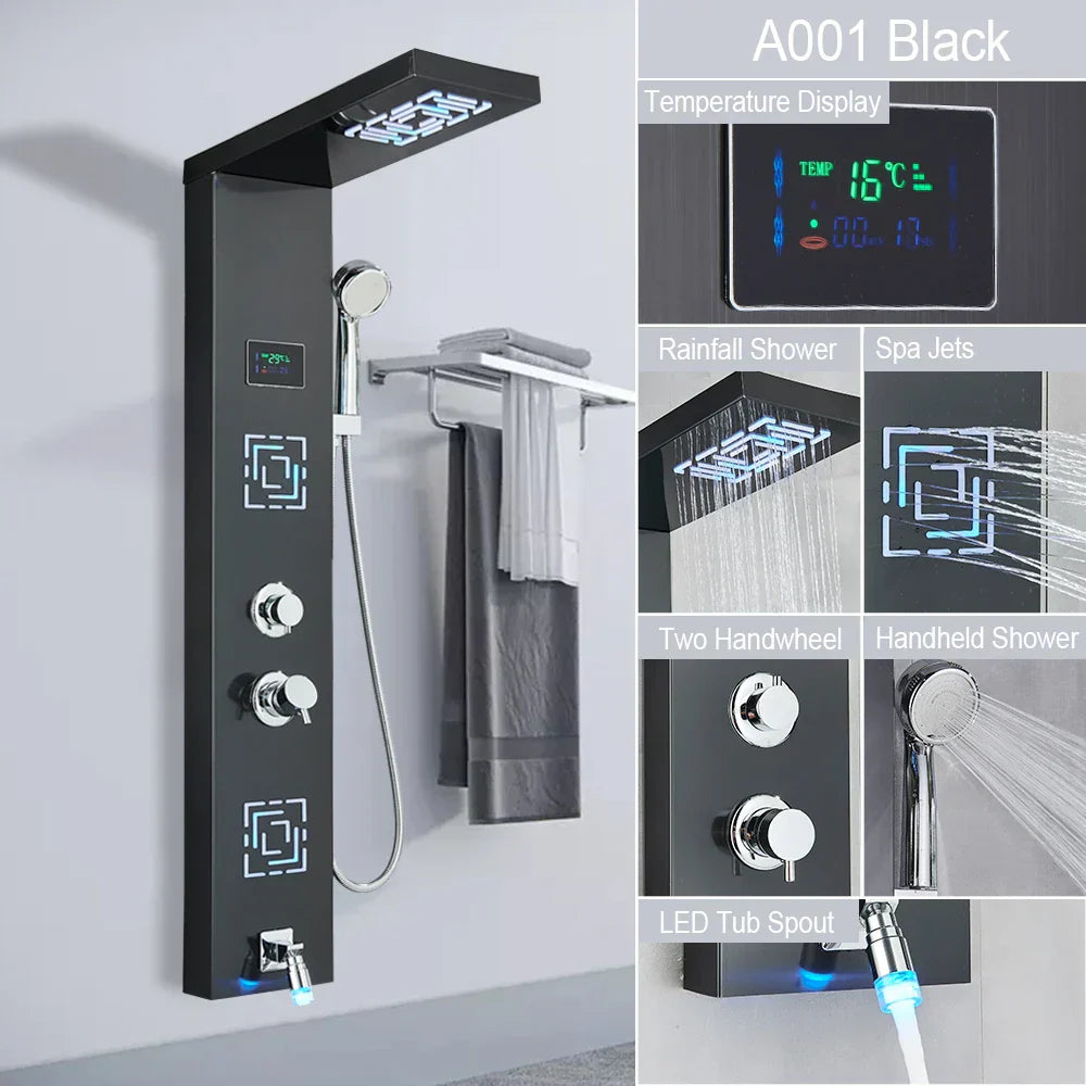 DecorBites™ LED Light Shower Faucet System: Rainfall, Massage Jets, Waterfall Panel with Temperature Control
