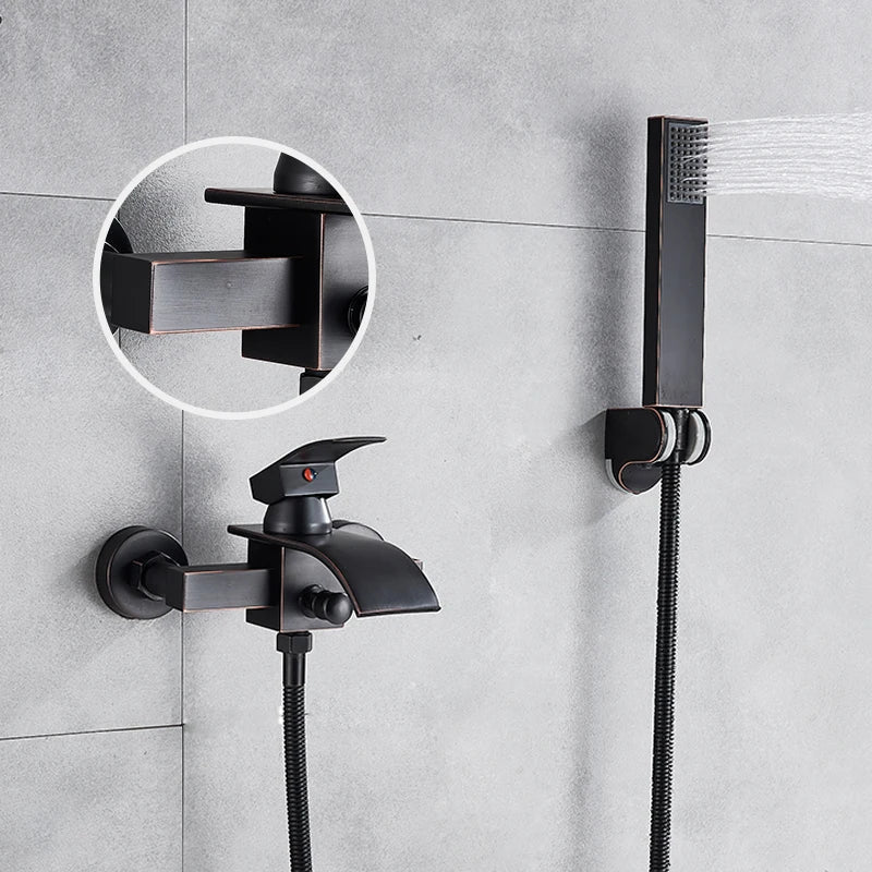 DecorBites™ Black Wall Mount Bathtub Shower Faucet with Waterfall Spout